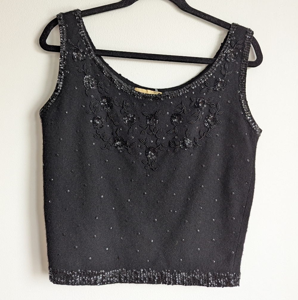 VTG Angora Rabbit/Wool Blend Black Sequined Top Floral Beadwork Whimsigoth XL